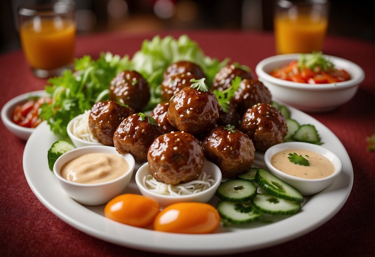 A platter of Chinese meatballs surrounded by garnishes and accompanied by a selection of dipping sauces