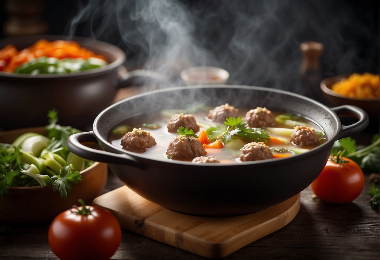A steaming pot of Chinese meatball soup surrounded by fresh ingredients and traditional spices