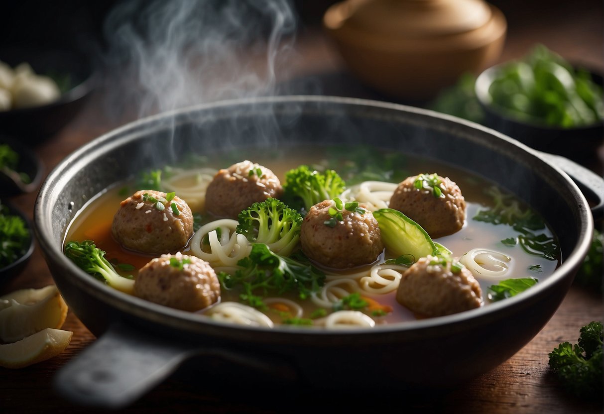 A steaming pot of Chinese meatball soup with floating meatballs, green vegetables, and aromatic broth