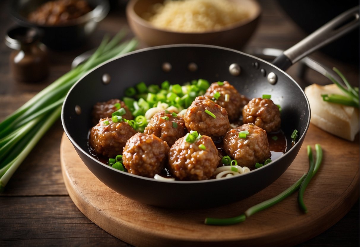 A table with ingredients: ground pork, ginger, garlic, soy sauce, and green onions. A mixing bowl and spoon for blending. A frying pan sizzling with meatballs