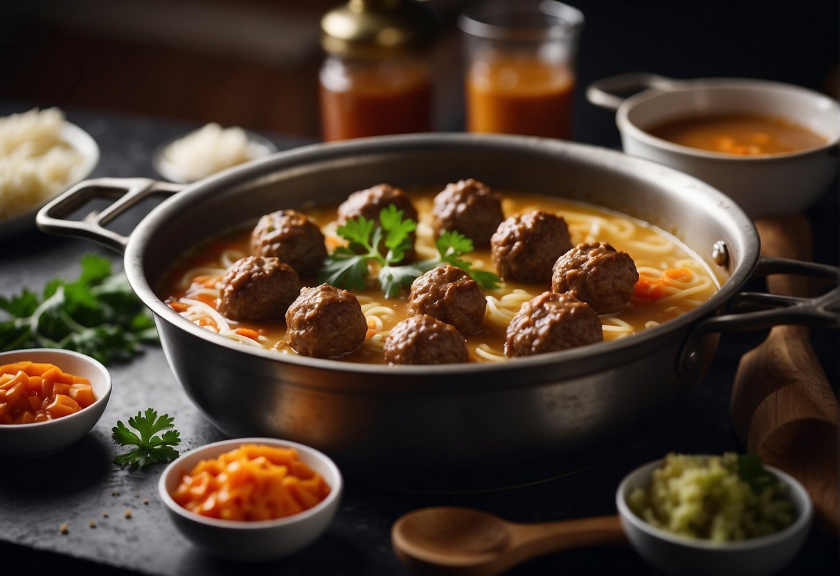 Meatballs being rolled, ingredients mixed, and soup simmering in a pot