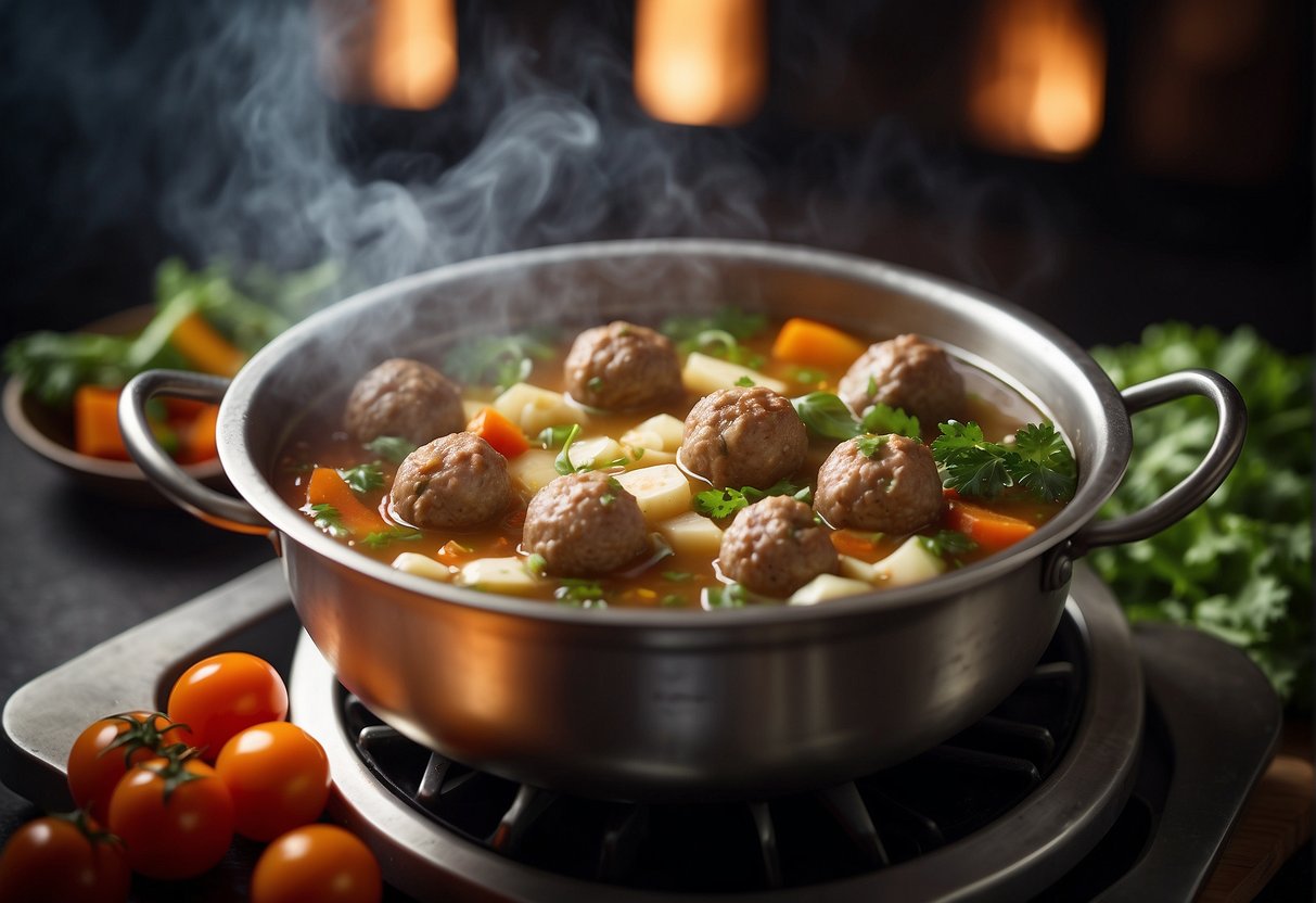 A steaming pot of Chinese meatball soup simmers on the stove, filled with aromatic spices and fresh vegetables, creating a tantalizing aroma