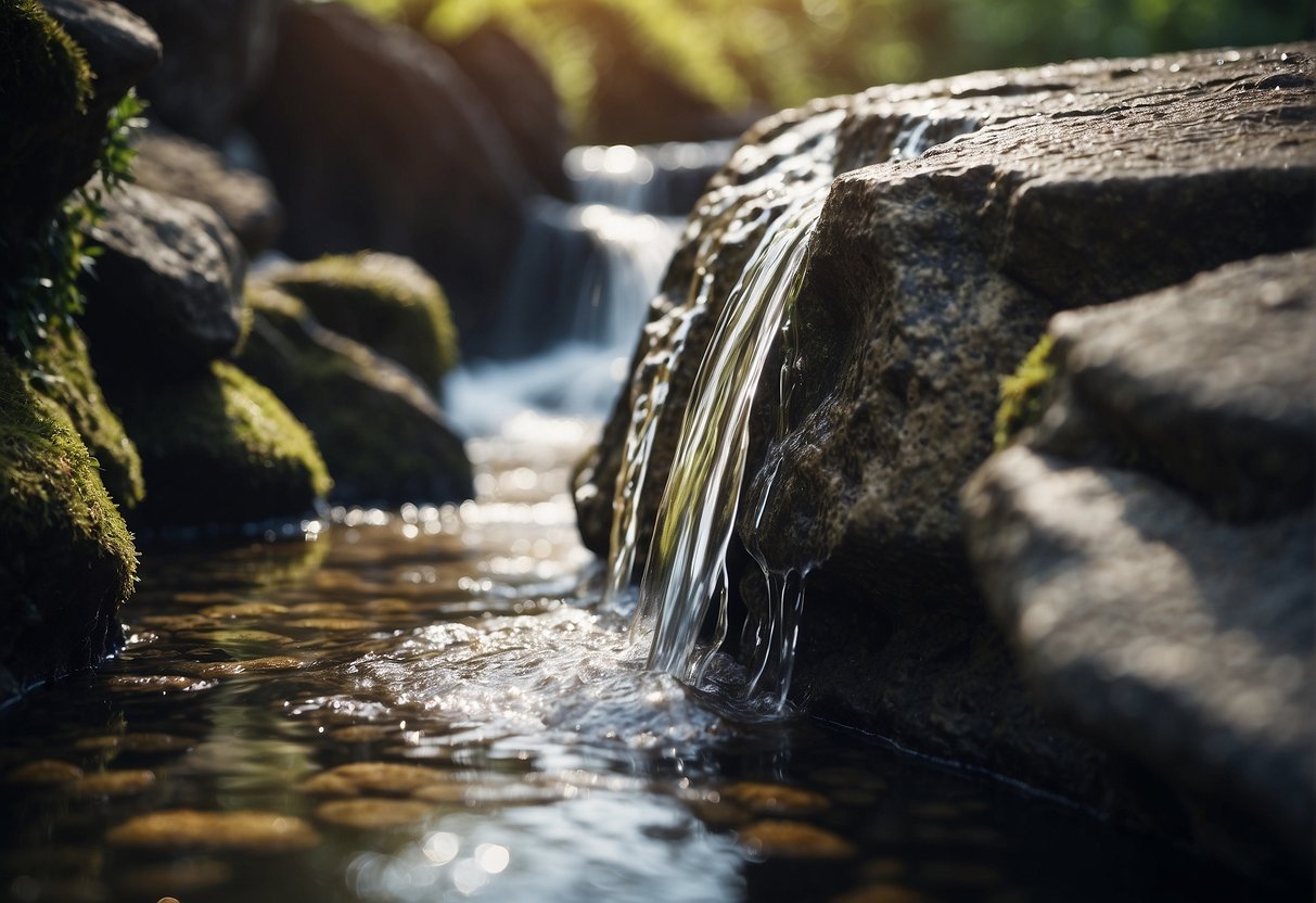 Water flows over limestone surface, carrying away dirt. Then, the surface is dried with a clean cloth