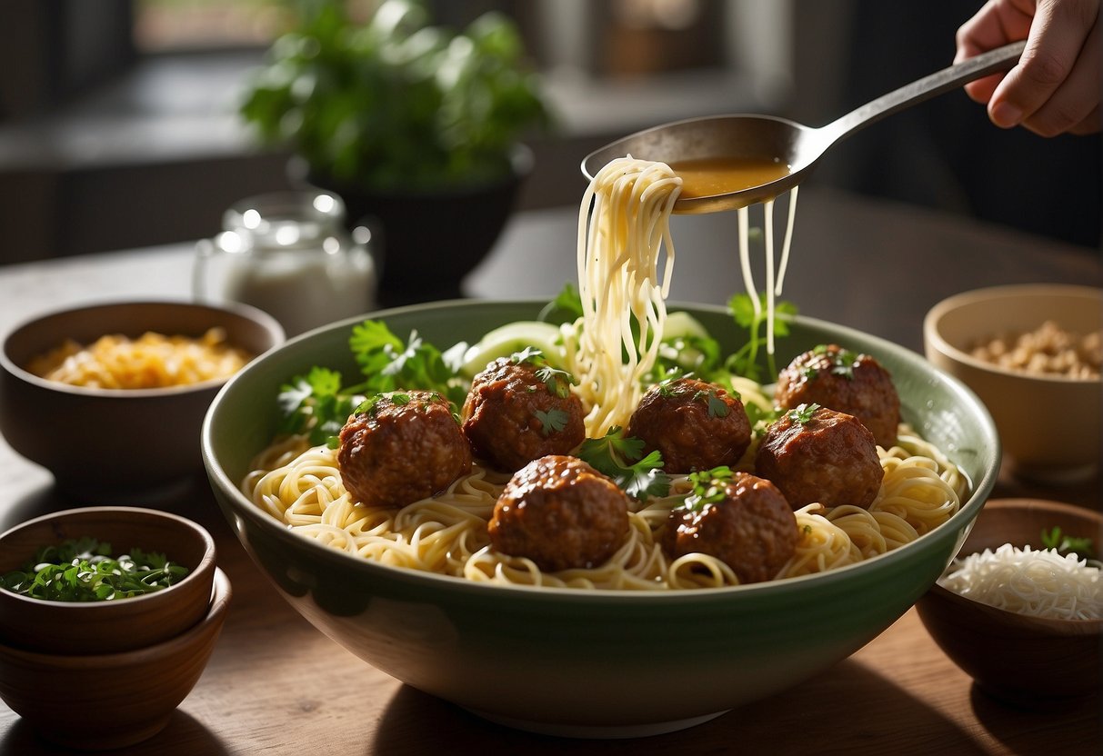 Ingredients arranged: meatballs, broth, green onions, cilantro, and noodles. Ladle pouring broth into a bowl with meatballs and garnishes