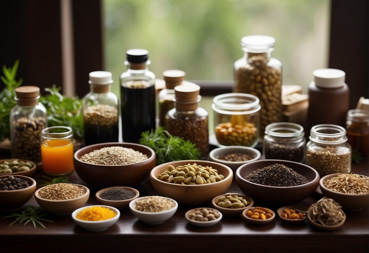 A table filled with various Chinese medicine ingredients for dampness diet recipes