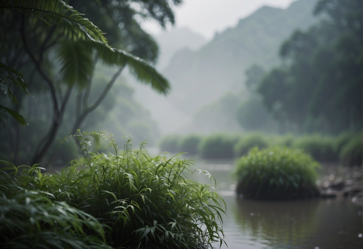 A foggy, humid landscape with waterlogged earth and drooping vegetation, symbolizing the concept of dampness in Chinese medicine