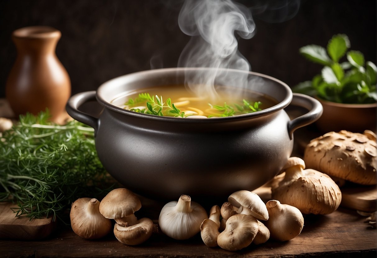 A steaming pot of herbal soup surrounded by various ingredients like ginger, mushrooms, and ginseng. A book with "Healing Recipes for Dampness" is open on the table
