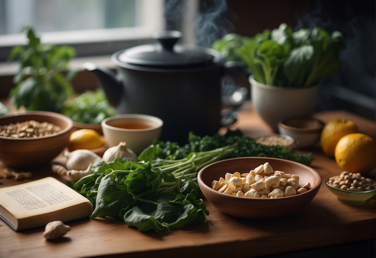 A kitchen with fresh ingredients like ginger, garlic, and leafy greens. A pot of herbal tea steaming on the stove. A book open to a page of Chinese medicine dampness relief recipes