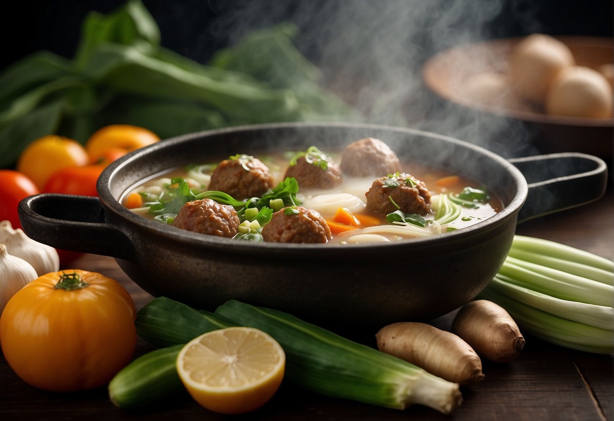 A steaming pot of Chinese meatball soup surrounded by various ingredients like ginger, scallions, and bok choy, symbolizing the cultural significance and regional variations of this traditional dish