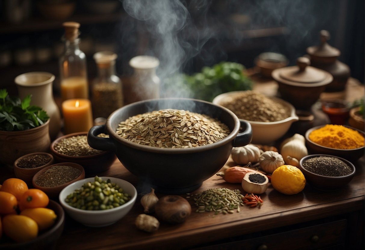 A table filled with various Chinese herbs, fruits, and vegetables, along with a mortar and pestle for grinding ingredients. A steaming pot on the stove emits a fragrant aroma of herbal soup