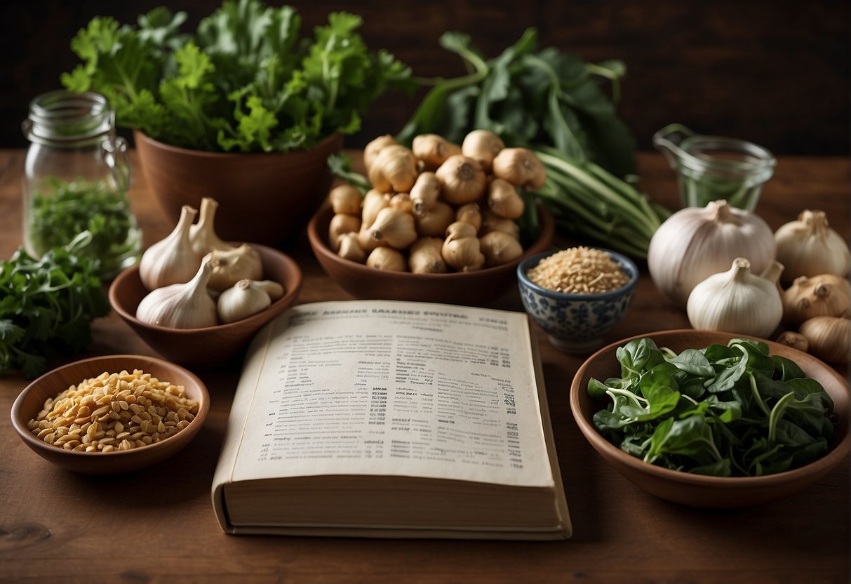 A table filled with various ingredients like ginger, garlic, and leafy greens, with a book titled "Frequently Asked Questions Chinese Medicine Dampness Diet Recipes" open to a page with a recipe