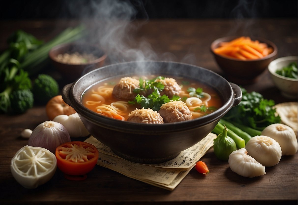 A steaming bowl of Chinese meatball soup surrounded by ingredients and a recipe book