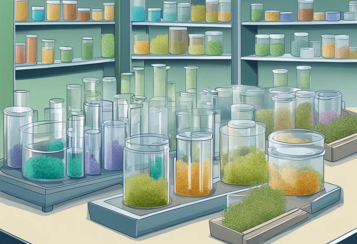 Sea moss and antibiotics interact in a laboratory setting. Petri dishes and test tubes are arranged on a lab bench. The sea moss is being tested alongside various antibiotics