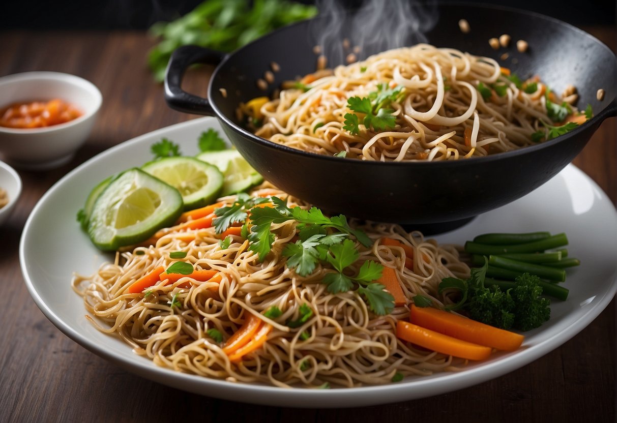 A wok sizzles with stir-fried mee hoon, mixed with soy sauce, vegetables, and protein, garnished with fresh herbs and a squeeze of lime