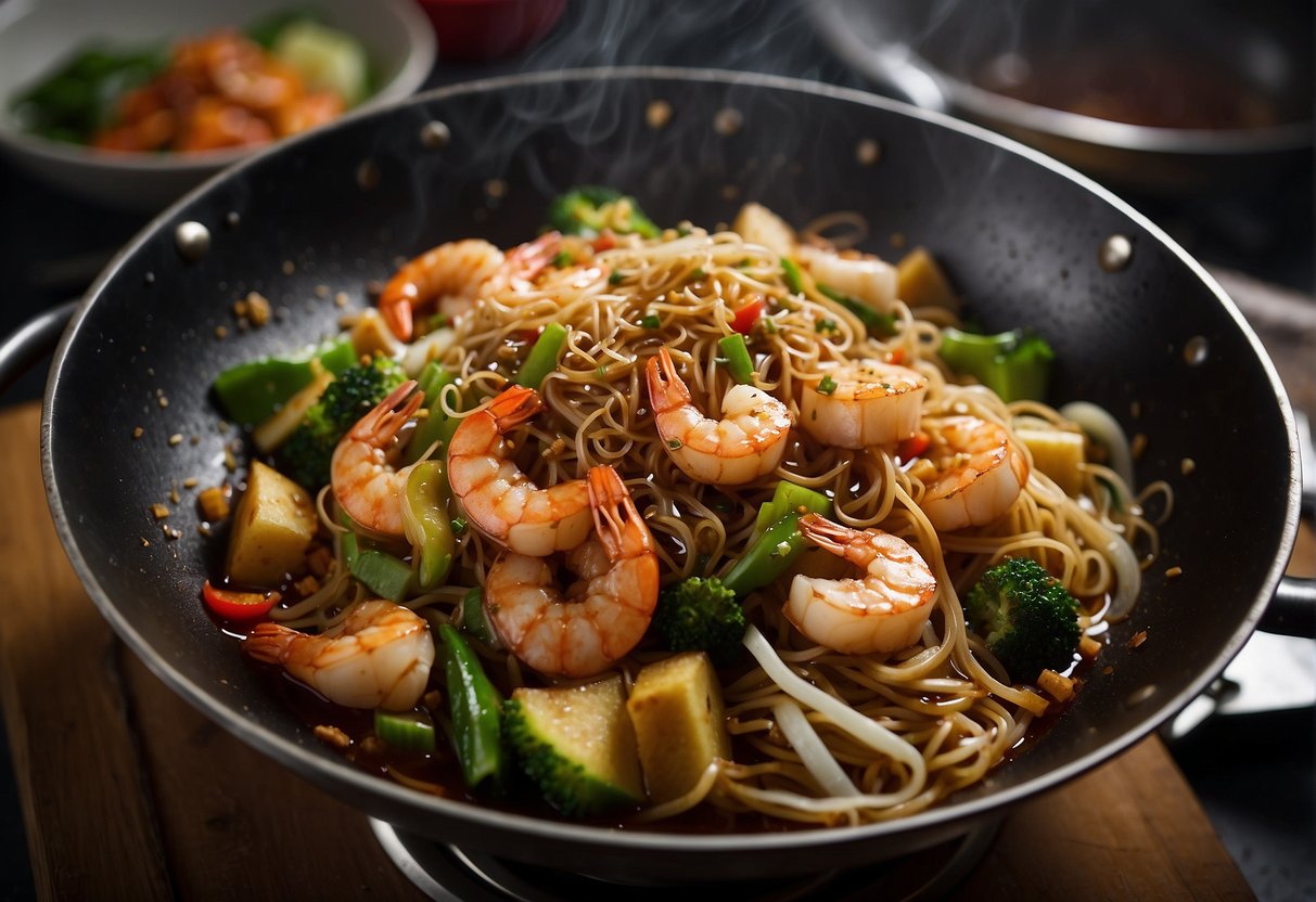 A wok sizzles as it stir-fries mee hoon, tofu, shrimp, and vegetables in a fragrant blend of soy sauce, chili, and spices