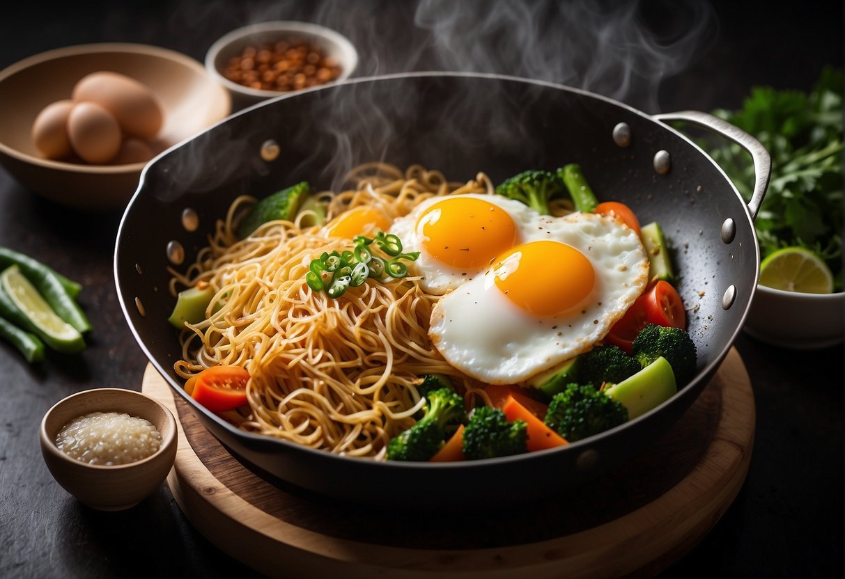 A wok sizzles with stir-fried mee hoon, eggs, and vegetables. Ingredients like soy sauce and spices sit nearby