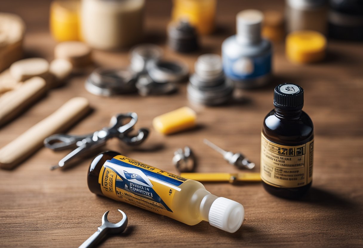 A hand holding a bottle of model glue, with a small model or miniature in the background, surrounded by tiny tools and materials