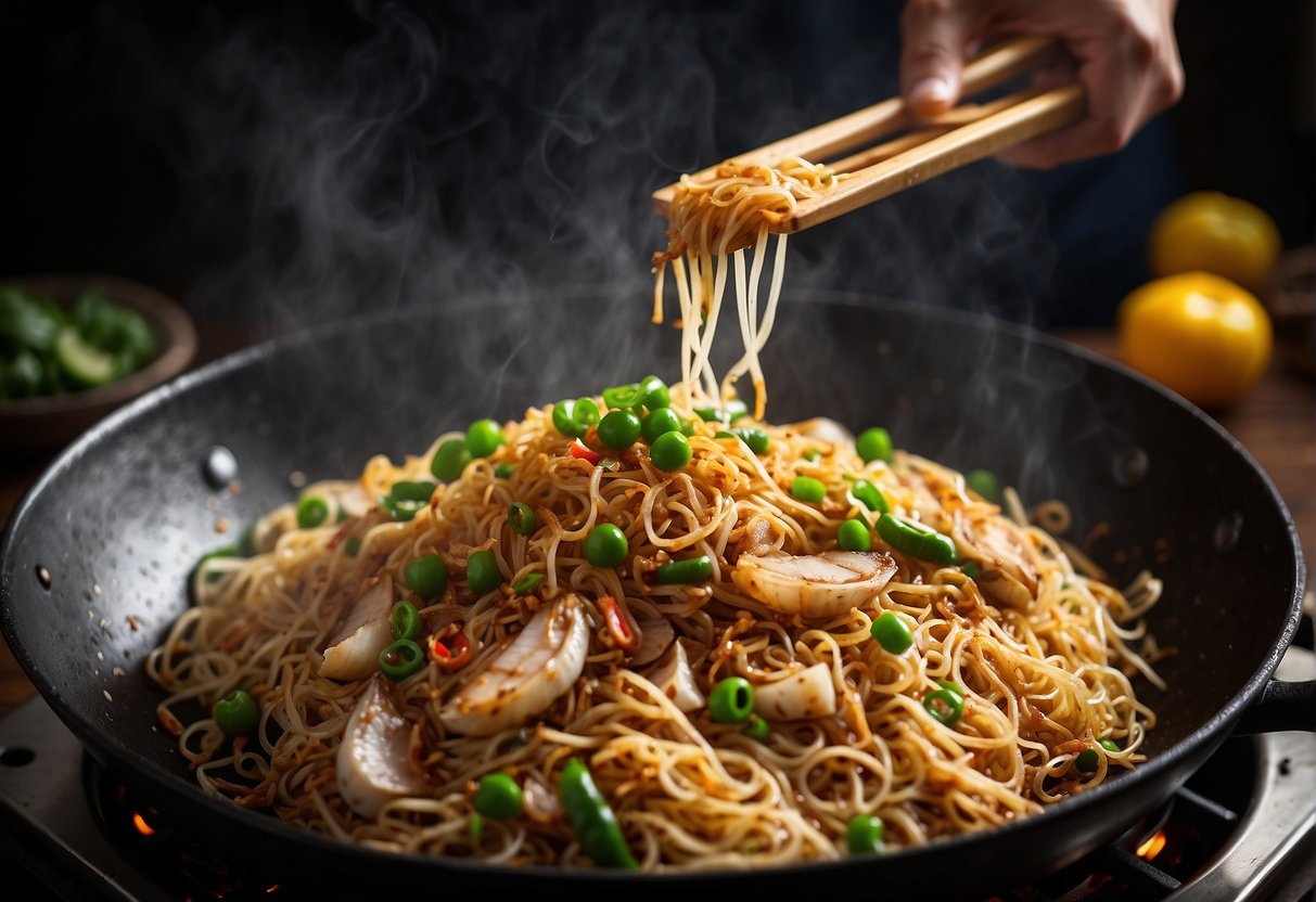 A wok sizzles with stir-fried mee hoon, as garlic, shallots, and chili paste infuse the air with savory aromas. Soy sauce and oyster sauce are drizzled in, adding depth to the dish