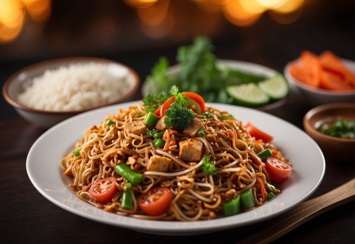 A sizzling wok of mee hoon goreng, garnished with fresh vegetables and served on a decorative plate