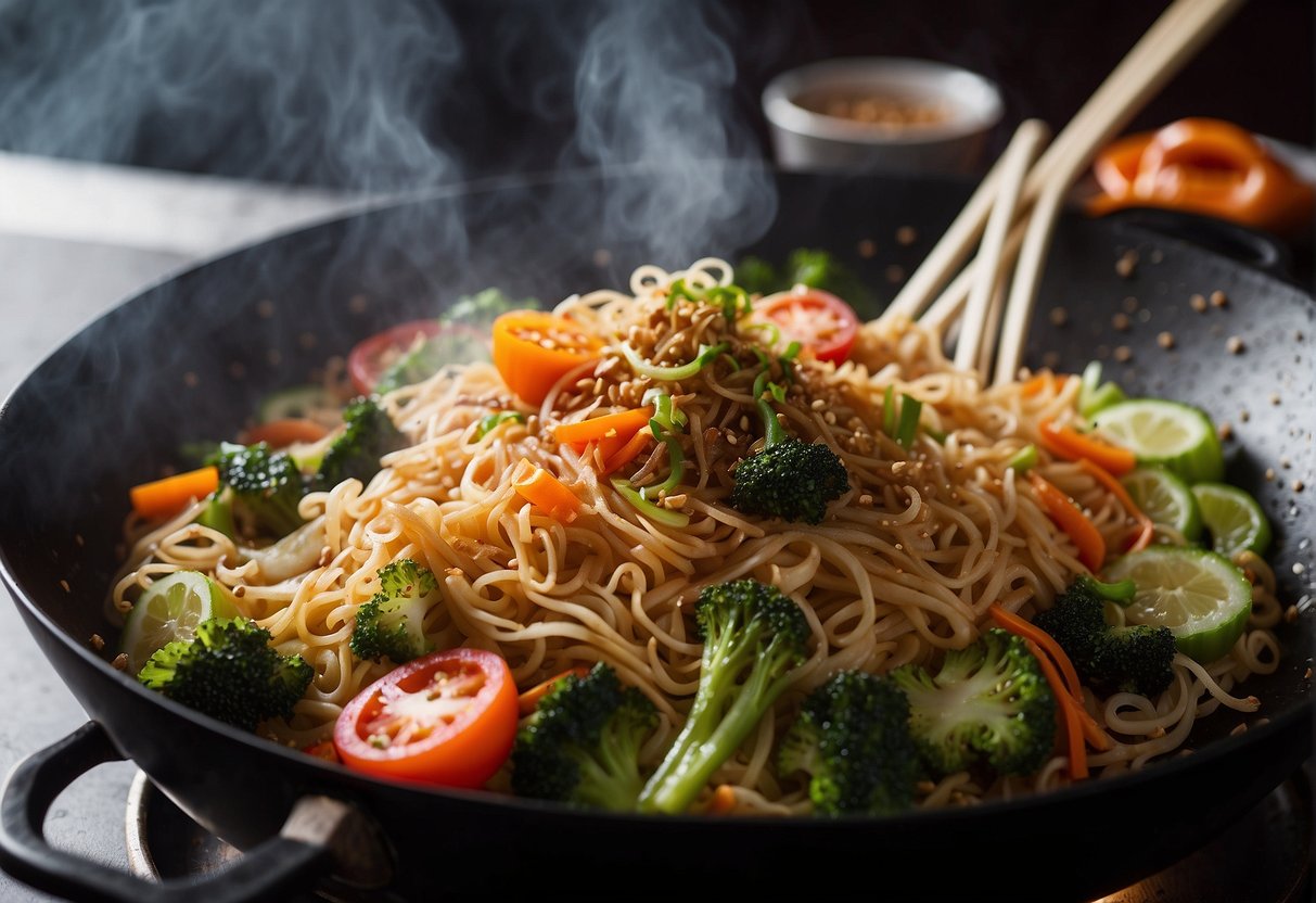 A steaming wok sizzles with stir-fried mee hoon, infused with aromatic spices and colorful vegetables, creating a tantalizing aroma
