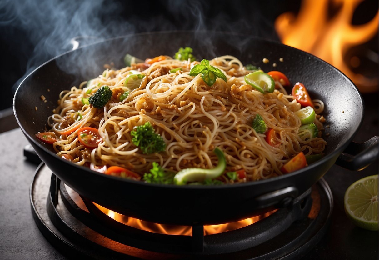 A sizzling wok with stir-fried mee hoon, mixed with Chinese spices and ingredients, steaming and emitting a mouth-watering aroma