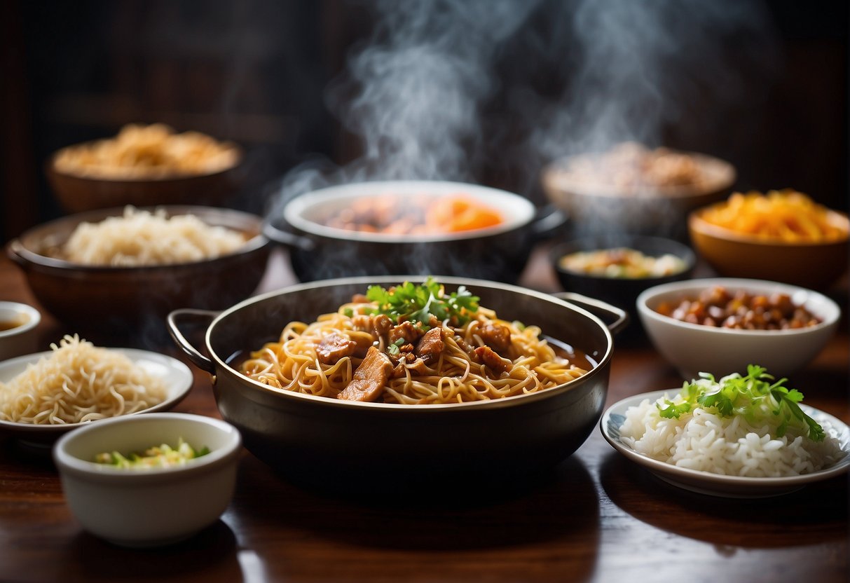 A table filled with steaming hot pots of stir-fried noodles, crispy Peking duck, succulent orange chicken, and fragrant bowls of jasmine rice
