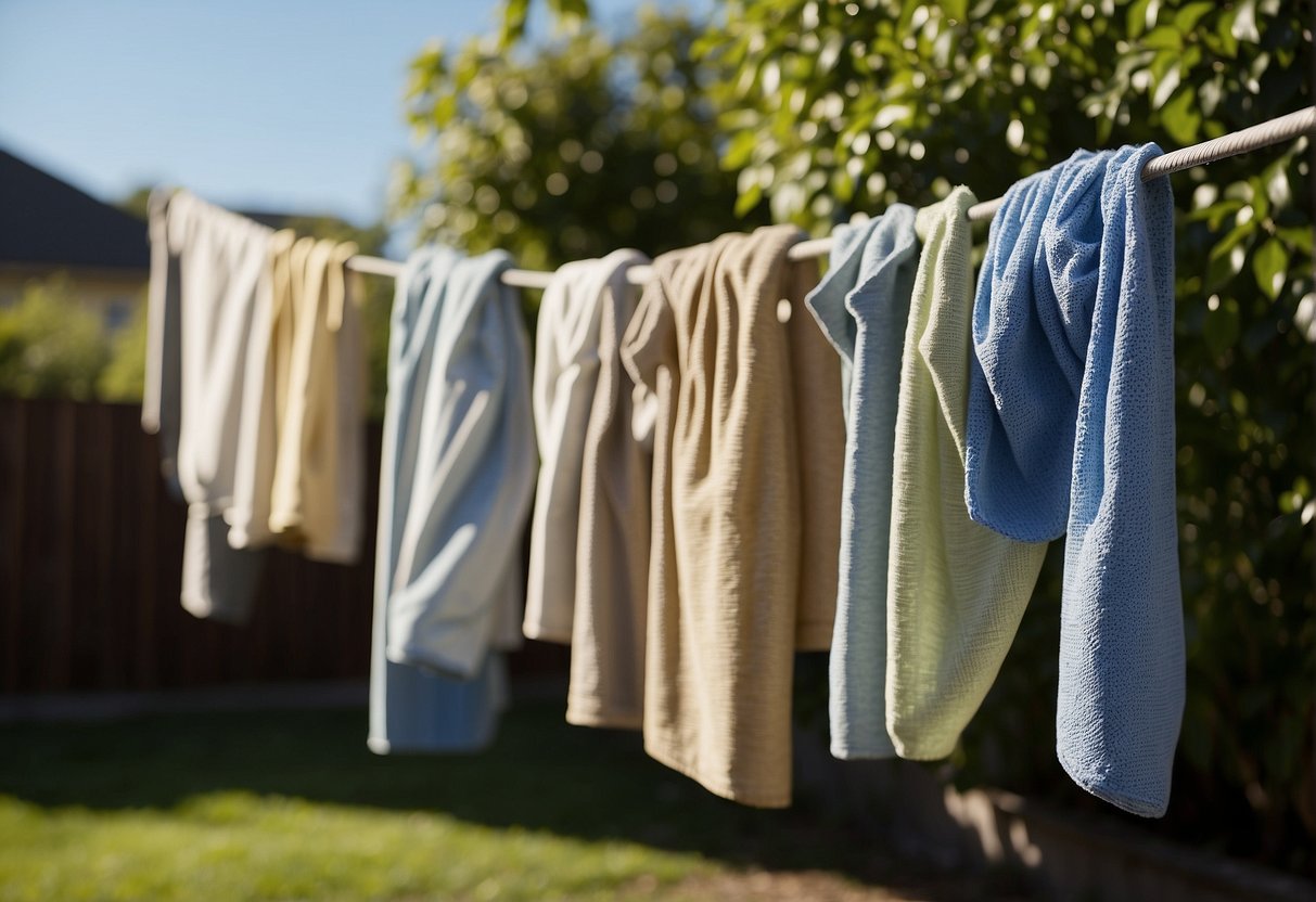 Outdoor furniture covers hang on a clothesline, being scrubbed with a brush and soapy water. A hose sprays them down for rinsing, and they are left to air dry in the sun