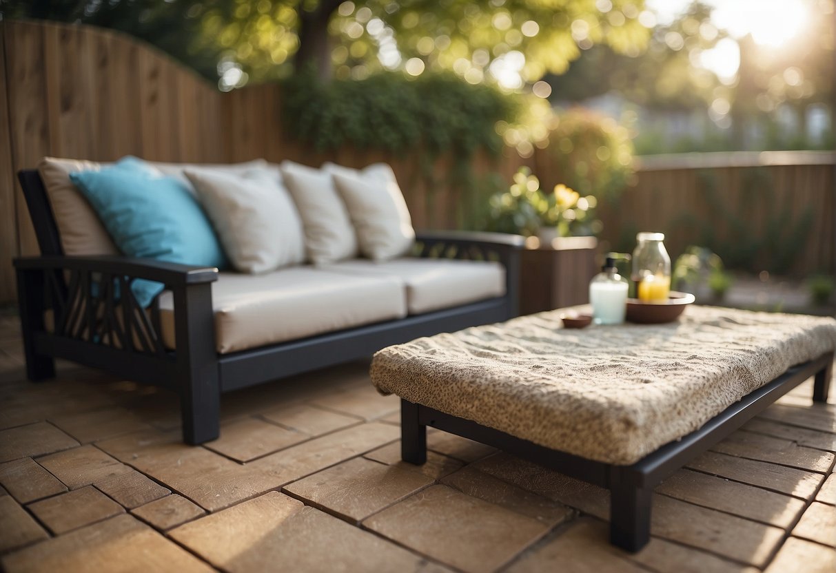 A patio with outdoor furniture covered in dirt and debris. A person using cleaning supplies to scrub and wipe down the furniture covers