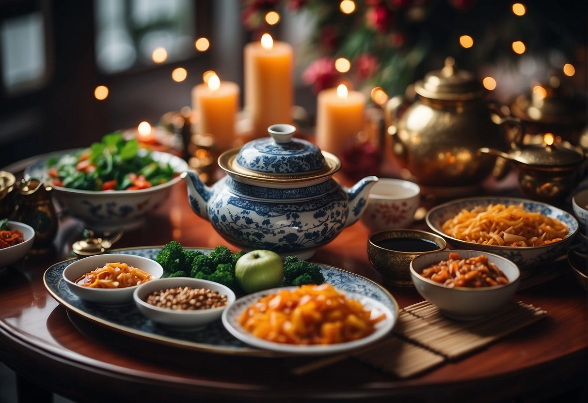 A table adorned with colorful Chinese dishes, steaming hot and aromatic, surrounded by festive decorations and special occasion trinkets