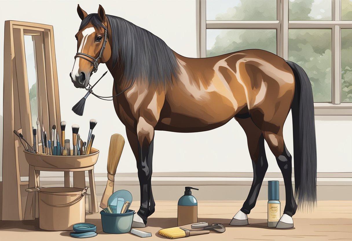 A horse stands calmly in a well-lit grooming area, with brushes, combs, and grooming supplies laid out neatly nearby. The horse's coat gleams and its mane and tail are neatly brushed