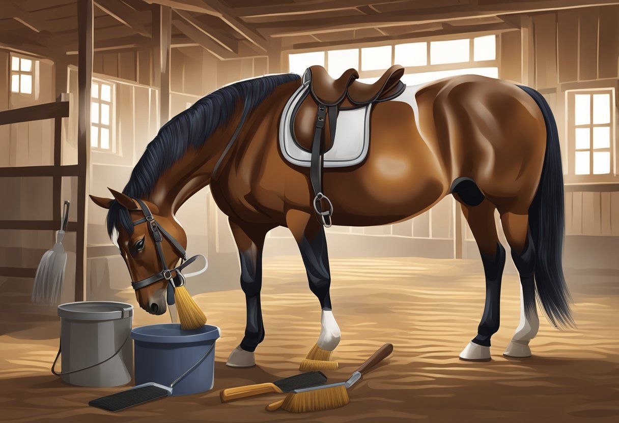 A horse being groomed with a curry comb, brush, and hoof pick in a clean, well-lit stable