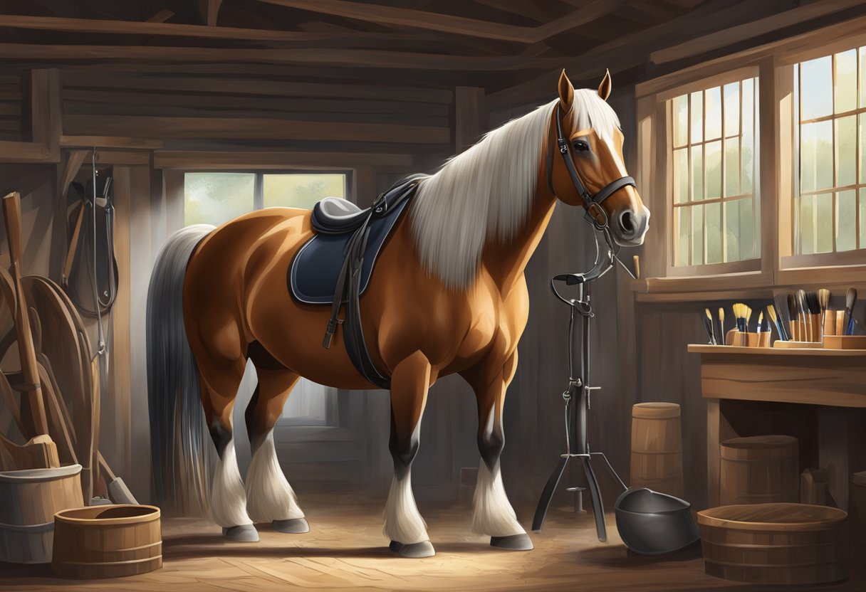 A horse being groomed with brushes and combs, standing calmly in a well-lit, clean stable