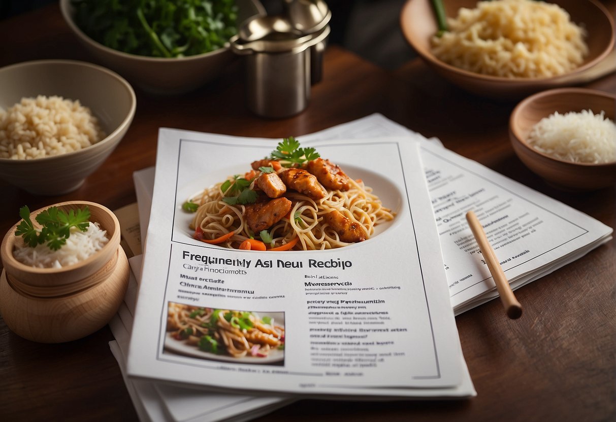 A stack of Chinese menu recipes with "Frequently Asked Questions" highlighted, surrounded by cooking utensils and ingredients