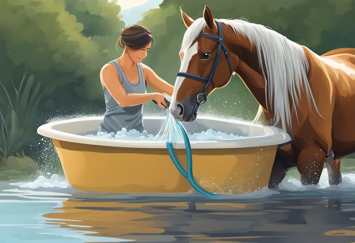 A person bathes a horse, using a brush and hose