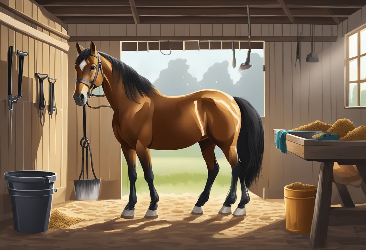 A horse being groomed with a curry comb, brush, and hoof pick in a well-lit, clean stable