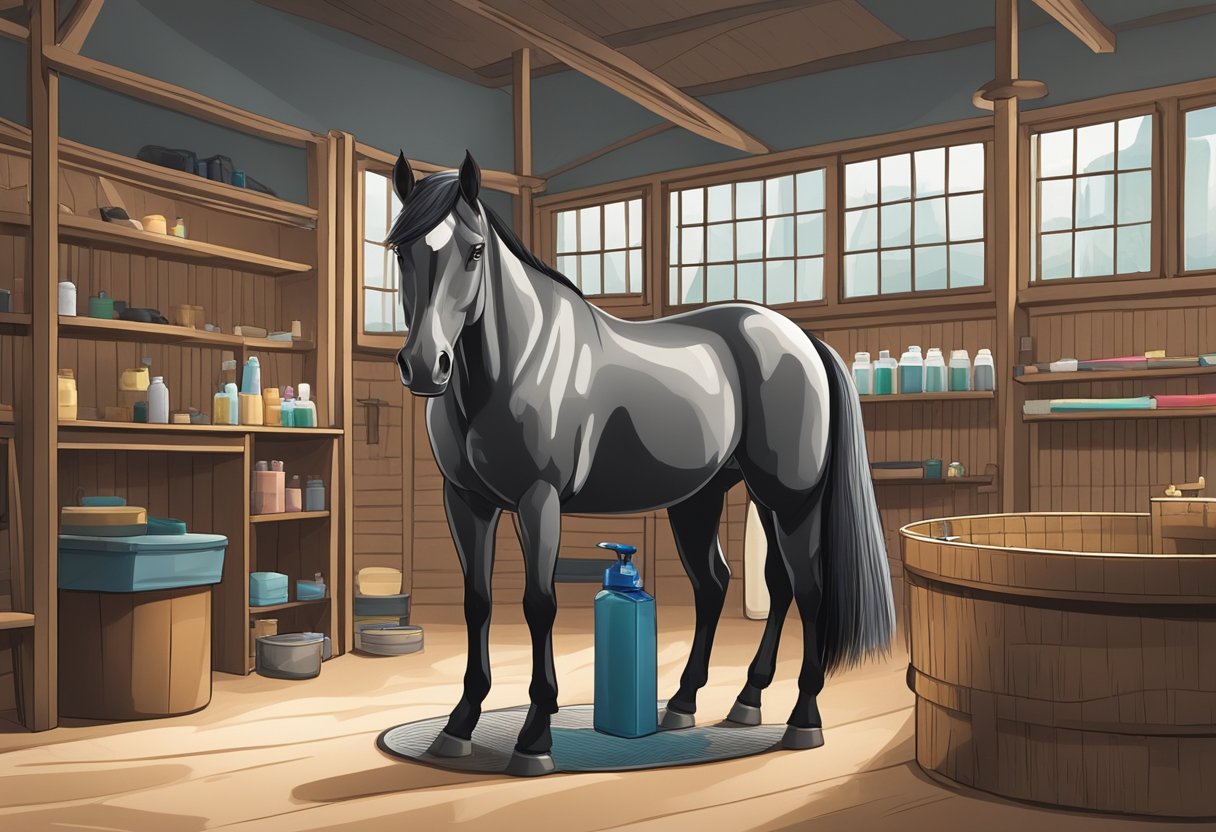 A horse standing in a well-lit, spacious grooming area, with brushes, combs, and grooming supplies neatly arranged nearby. The horse's coat is clean and shiny, and its mane and tail are neatly brushed and groomed