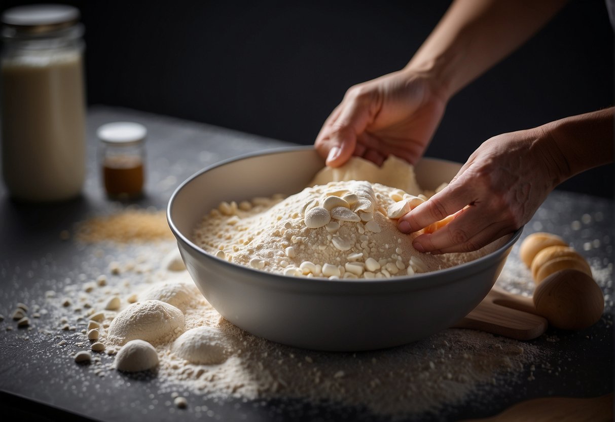 A mixing bowl filled with flour, yeast, sugar, and milk. A pair of hands kneading the dough until it becomes smooth and elastic