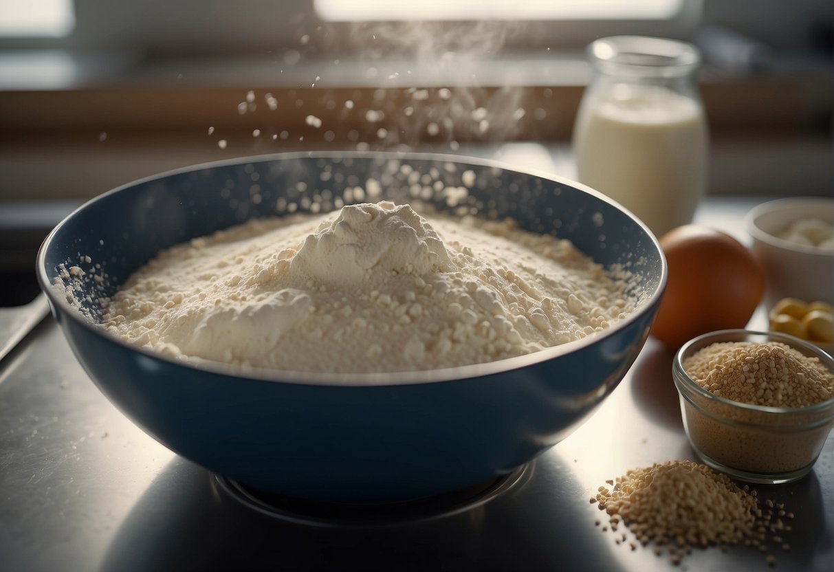 A mixing bowl with flour, milk, and yeast. A pan on the stove with water and flour mixture cooking. Ingredients laid out on a clean countertop