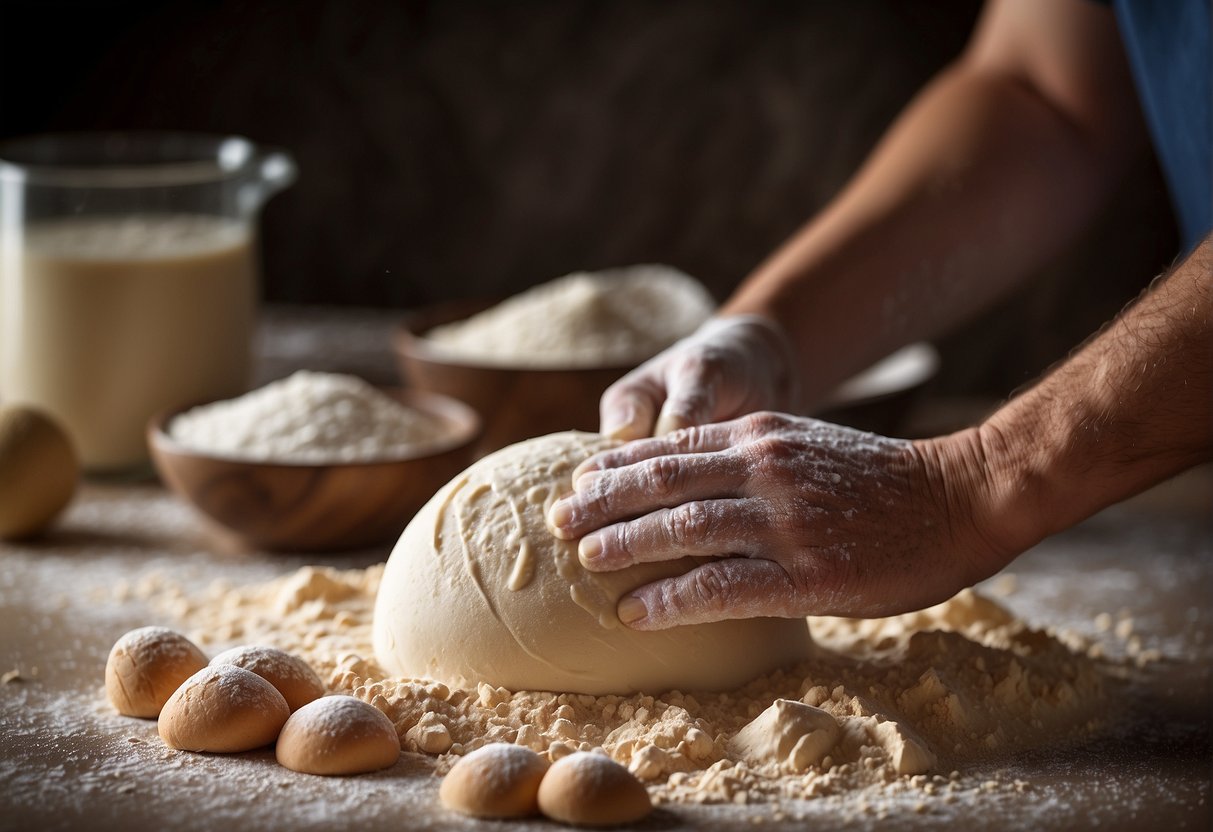 A pair of hands kneading soft, elastic dough on a floured surface, surrounded by ingredients like milk, flour, yeast, and sugar
