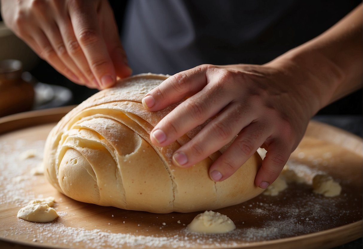 A baker shapes and proofs Chinese milk bread dough on a floured surface