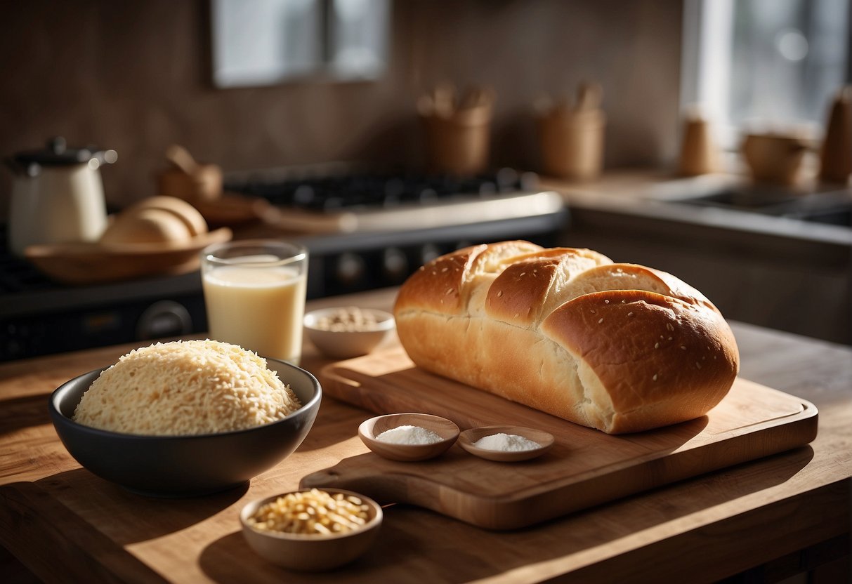 A kitchen counter with freshly baked Chinese milk bread cooling, surrounded by ingredients and utensils for finishing touches