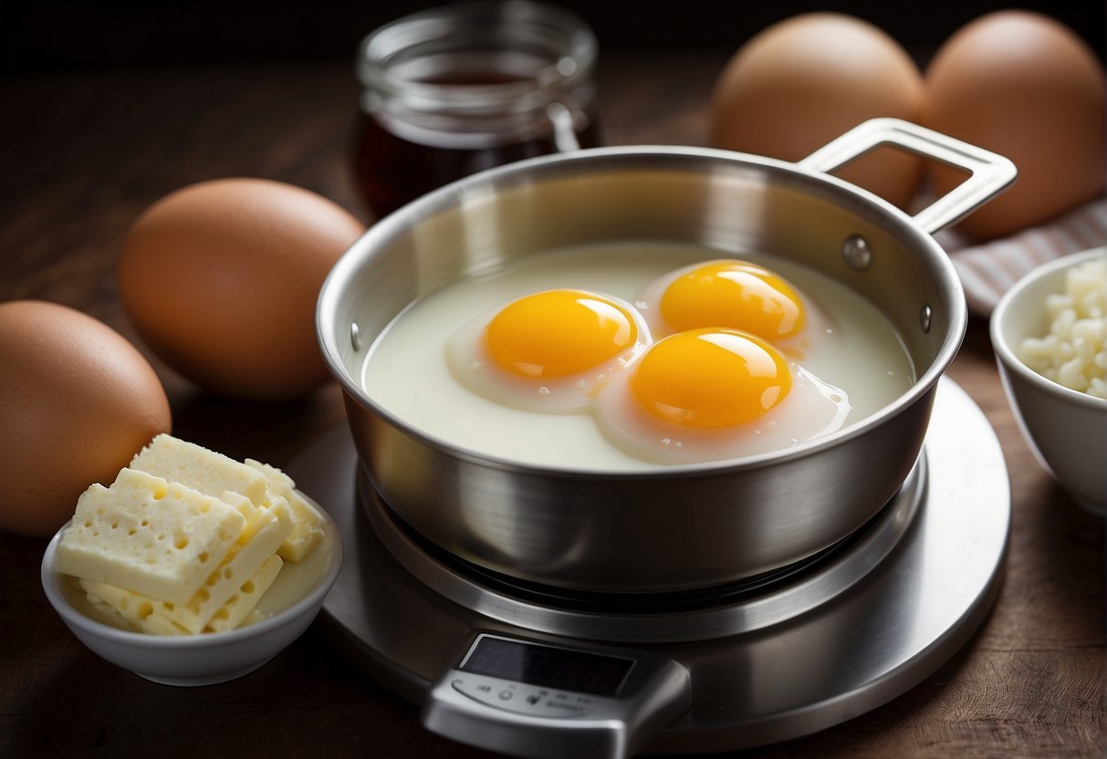 A small saucepan simmering with milk, sugar, and agar-agar. A bowl filled with eggs and vanilla. A sieve ready to strain the mixture