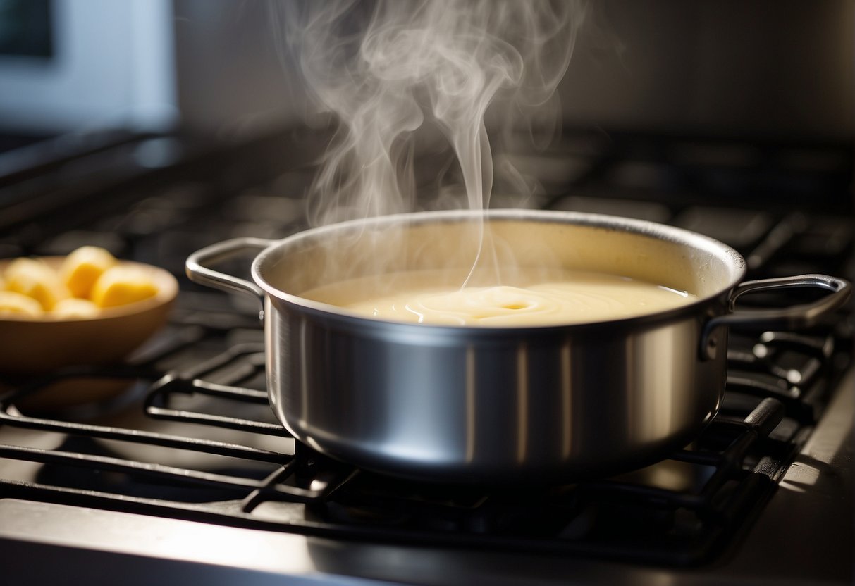 A pot simmers on the stove, filled with milk, sugar, and gelatin. A whisk stirs the mixture until smooth. The liquid is poured into individual molds and left to set in the refrigerator