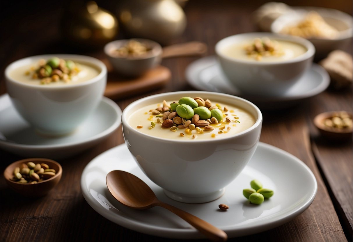 A small ceramic bowl filled with smooth, creamy Chinese milk pudding, garnished with a sprinkle of crushed pistachios and a drizzle of honey, placed on a wooden table