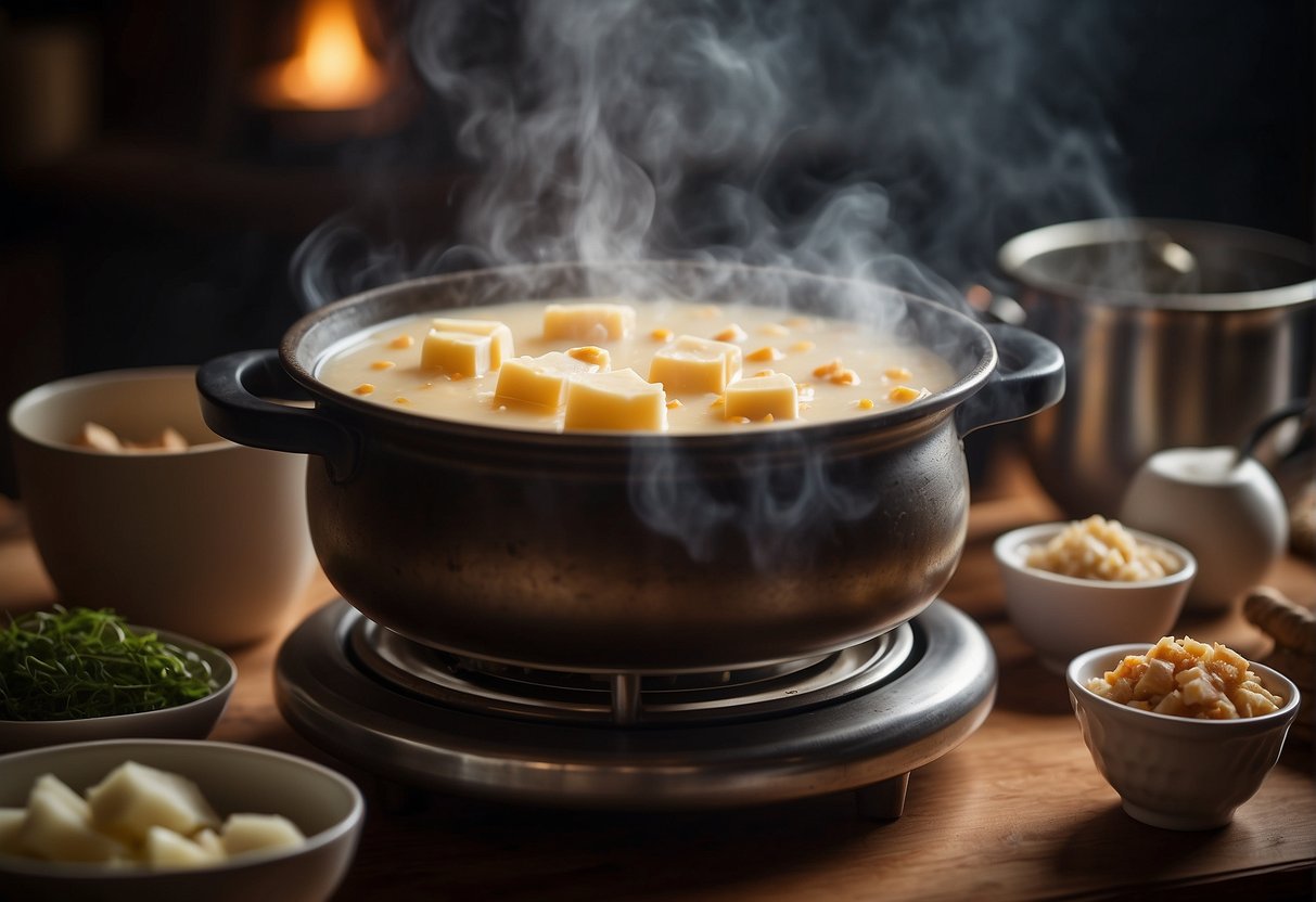 A steaming pot of Chinese milk pudding simmers on a traditional stove, surrounded by fragrant ingredients like ginger and rock sugar. A delicate aroma fills the air, evoking memories of family gatherings and cherished traditions