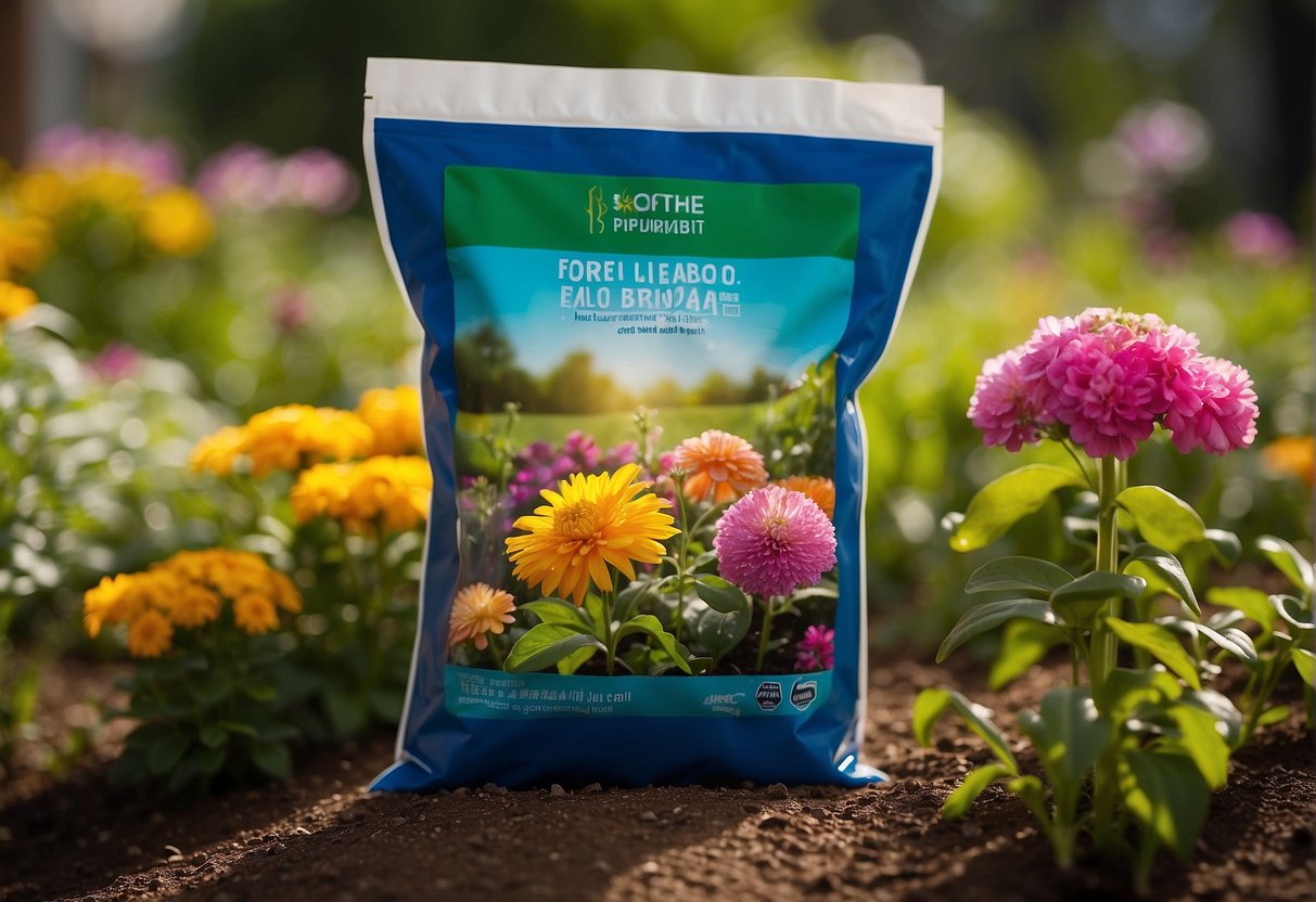 A bag of 6-6-6 fertilizer sits next to a row of vibrant, healthy plants in a well-tended garden, showcasing its effectiveness in promoting strong growth and abundant blooms