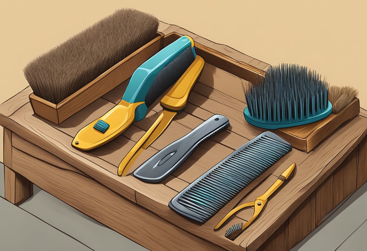 A halter, lead rope, hoof pick, curry comb, brush, and mane comb lay neatly on a wooden grooming box