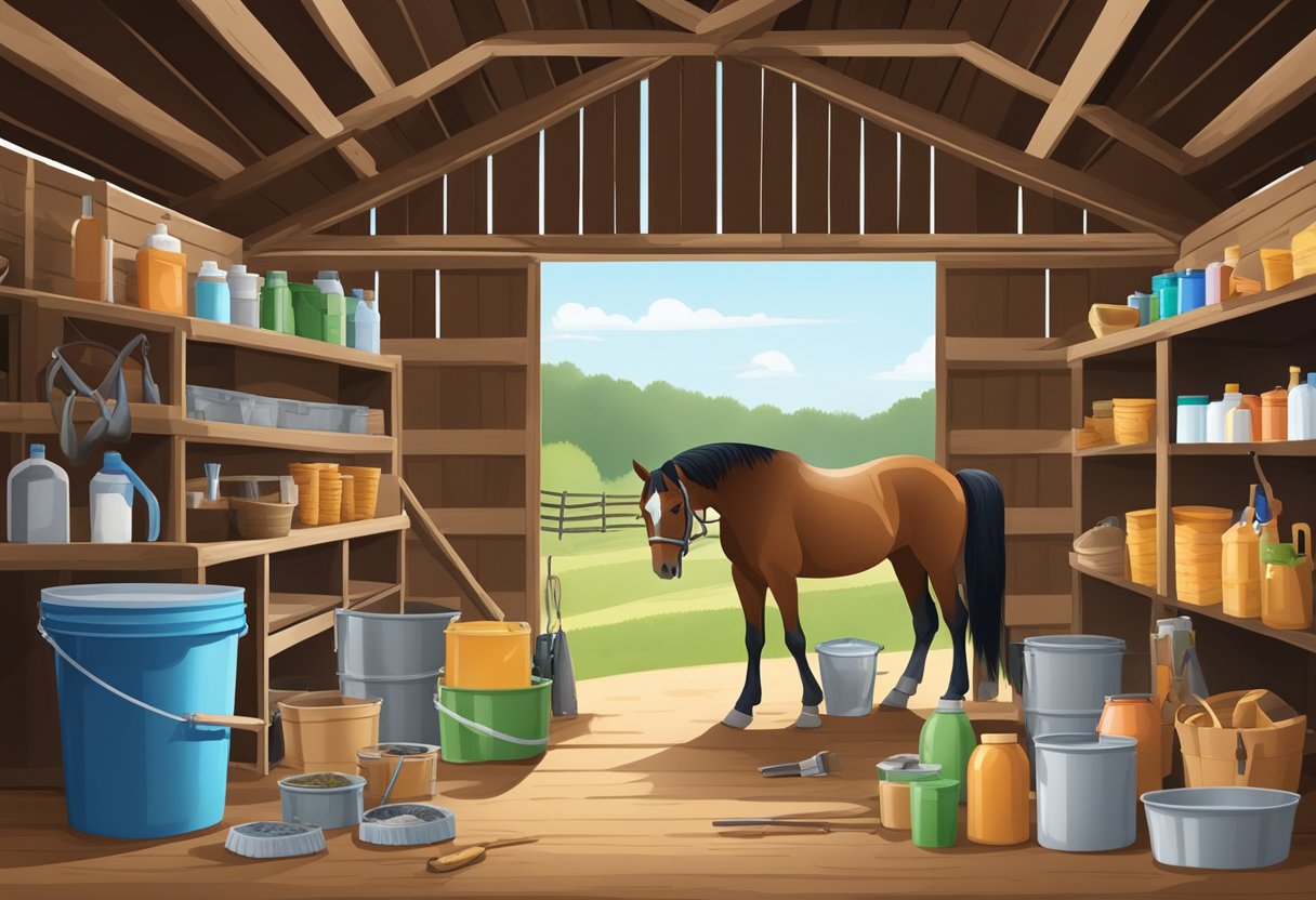 A barn scene with a horse surrounded by essential care supplies such as a grooming kit, hoof pick, feed buckets, and a water trough