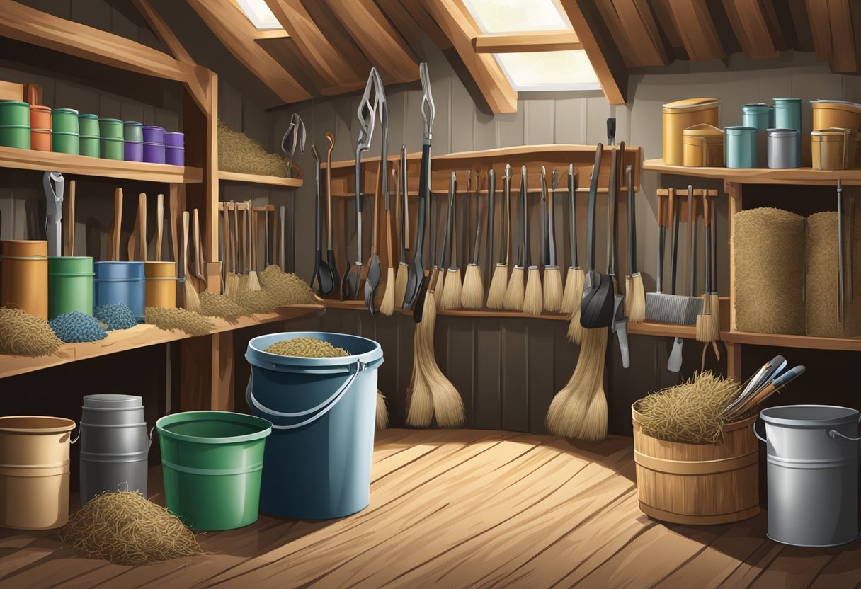 A scene of essential horse care supplies including brushes, hoof picks, grooming tools, feed buckets, and hay nets arranged neatly in a clean and organized stable setting