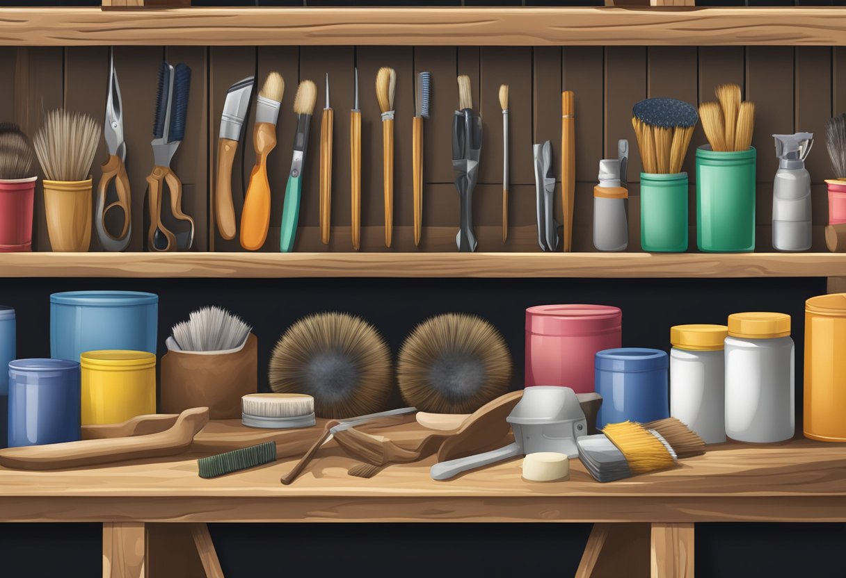 A barn shelf displays essential horse care supplies: brushes, hoof picks, bandages, and grooming tools